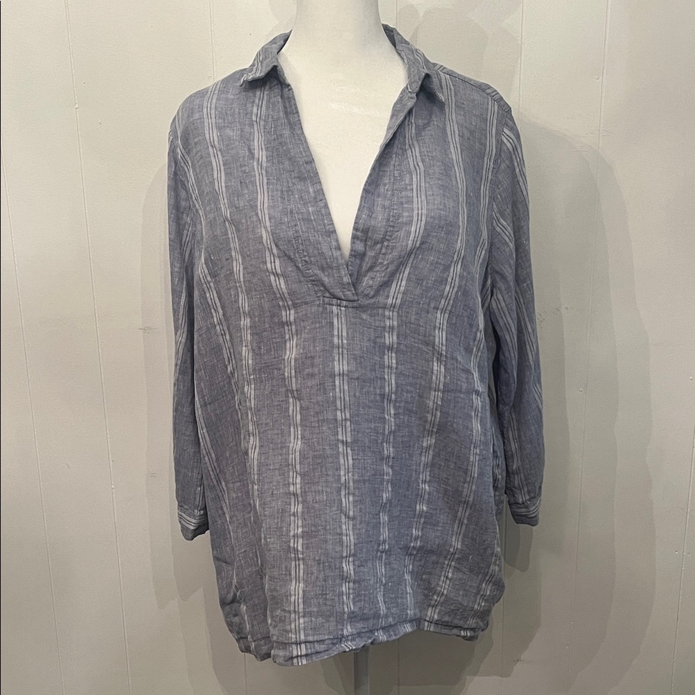Tahari Blue and White Striped V-Neck Tunic 100% linen